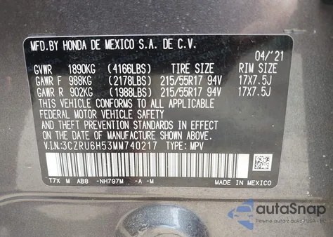 2021 Honda Hr-V Awd Ex z USA, uszkodzony, nr VIN 3CZRU6H53MM740217